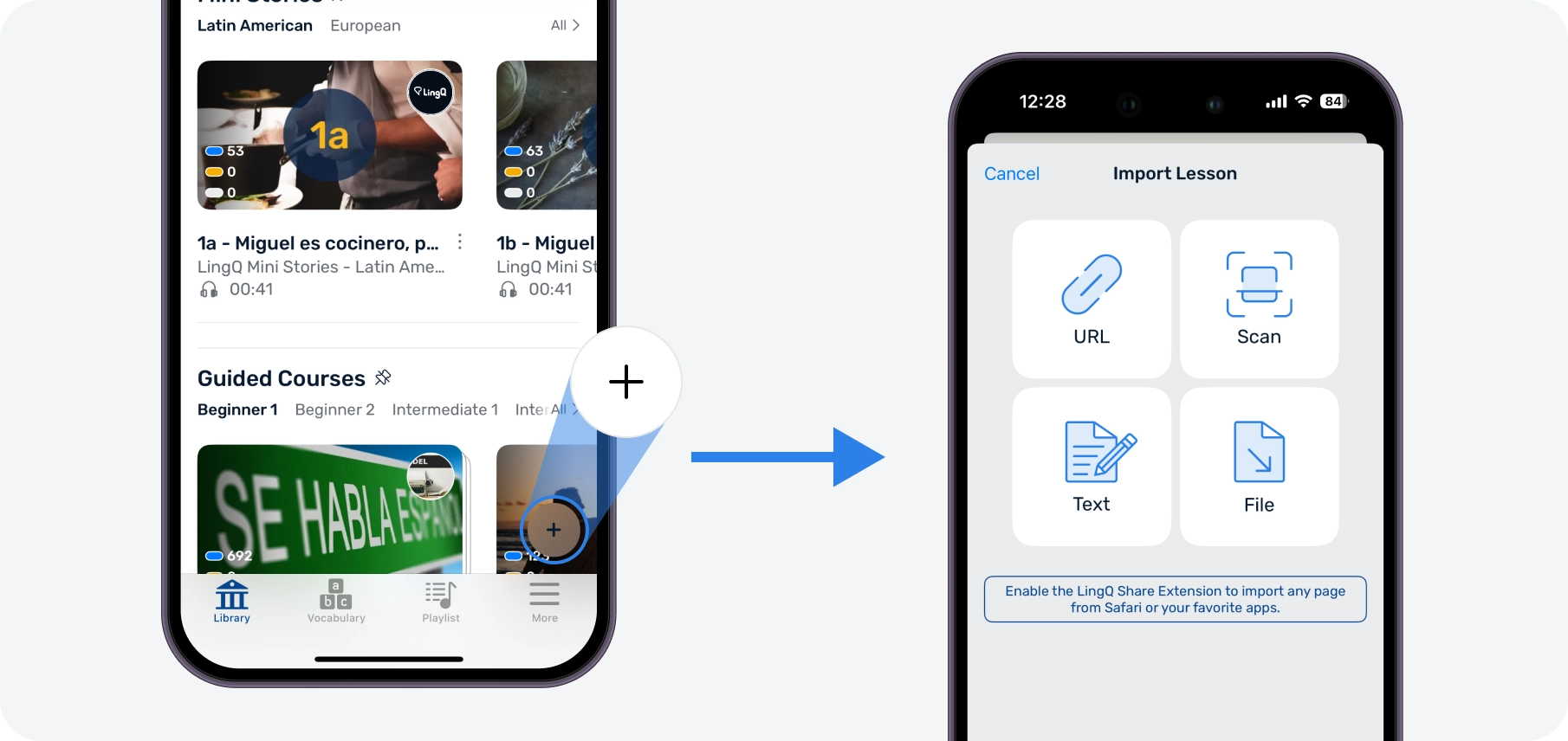 You also have the ability to import and study any content you like. Tap the + button and choose your import option: url, text, file or scan.