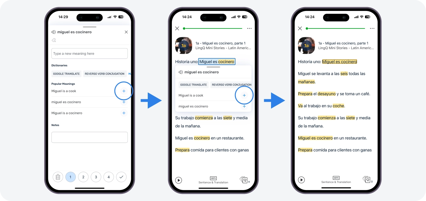 Tap on one that makes sense for you and see the translation for it. Create a LingQ for that phrase just like any other LingQ except it now shows in orange.