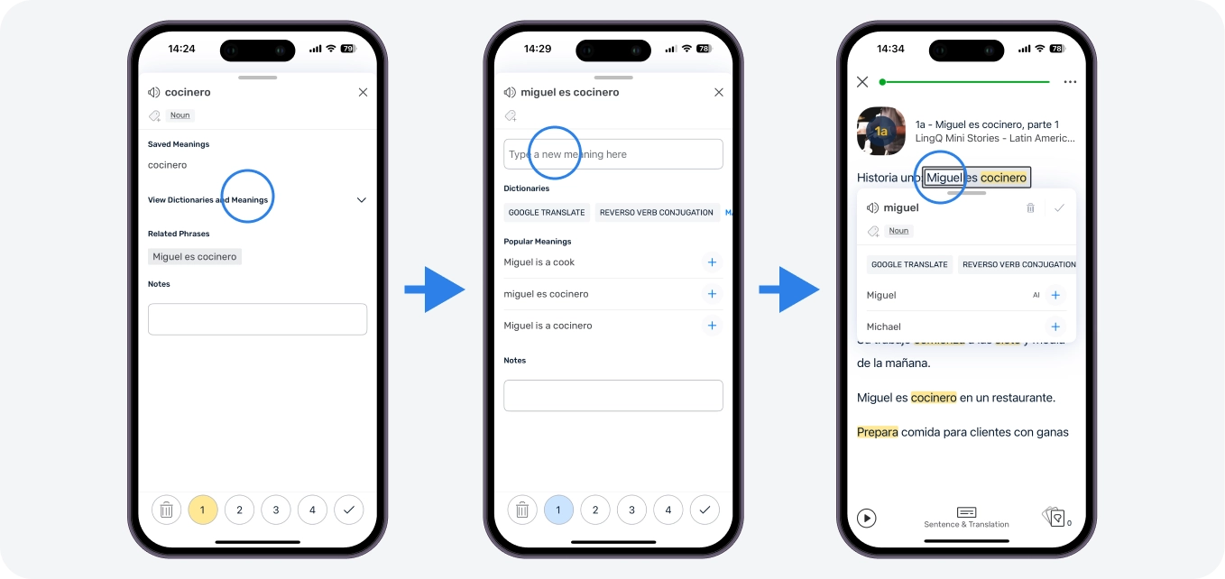Or, create your own phrase LingQs up to 8 words long by simply tapping and dragging to select the phrase. Not sure if your currently selected word is part of a phrase? Tap and hold an adjacent word or words to extend into a phrase and check its meaning.