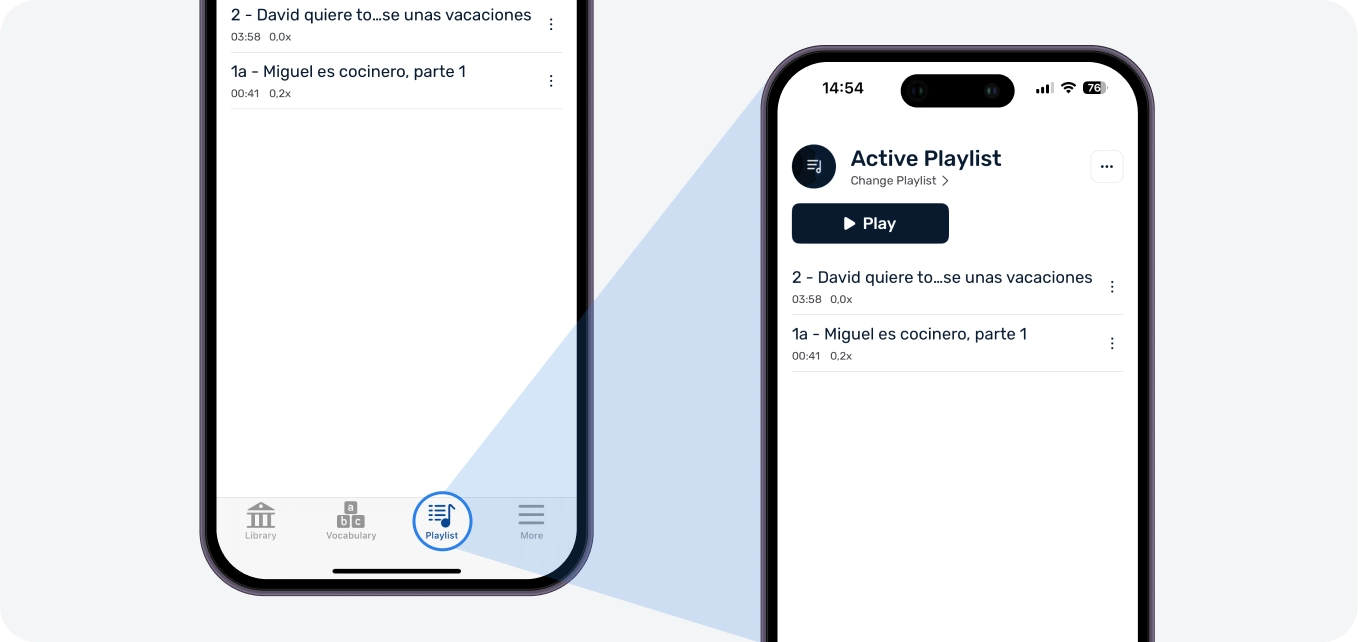 In the Playlists tab in the bottom navigation, you can organize your lessons to keep things organized. All completed lessons are added to the Active Playlist automatically. Create any additional playlists you like. Play a playlist and all lessons with audio will be played sequentially.