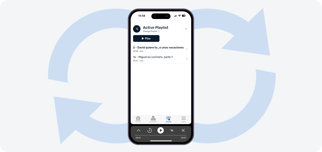 You can shuffle, and play your tracks continuously. All audio is automatically downloaded and listening time automatically tracked. Playlists are synced and can be managed across devices.