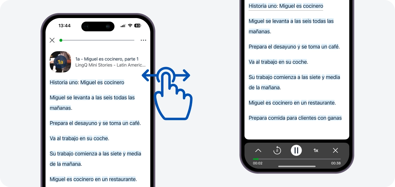 The reader is where you study your lessons. Play the audio using the player at bottom. Swipe right to move to the next page in the lesson and left to come back.