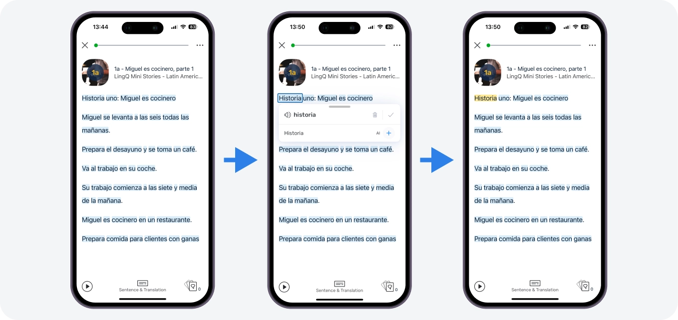 When you first open a lesson all new words are blue. This means you have never seen them before on LingQ. You should tap on all blue words you don't understand. When you do, you will see some popular translations to choose from or you can check a dictionary to create your own translation. Once you choose a translation those words become yellow 