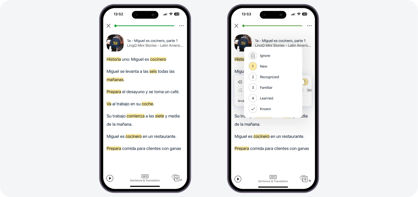 As you page, all words you have left blue will be considered known and turn white. You will only be left with white and yellow words. As you review this lesson and study future lessons, you will see your LingQs in multiple contexts and you will gradually learn them this way. As you learn them, increase their status until they become Known.