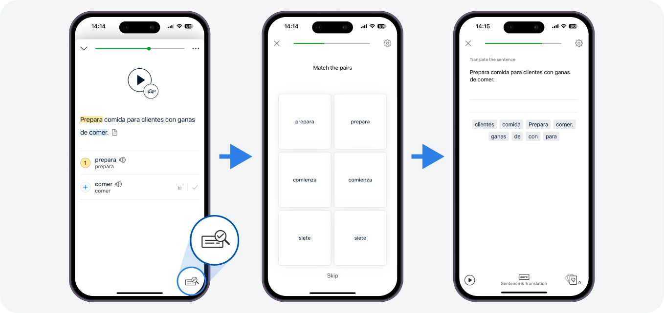 Try the sentence review activities which include mix and match, rearrange sentence and a sentence dictation. Swipe sentence by sentence to study the fill lesson in this mode or close the sentence to return to full page view.