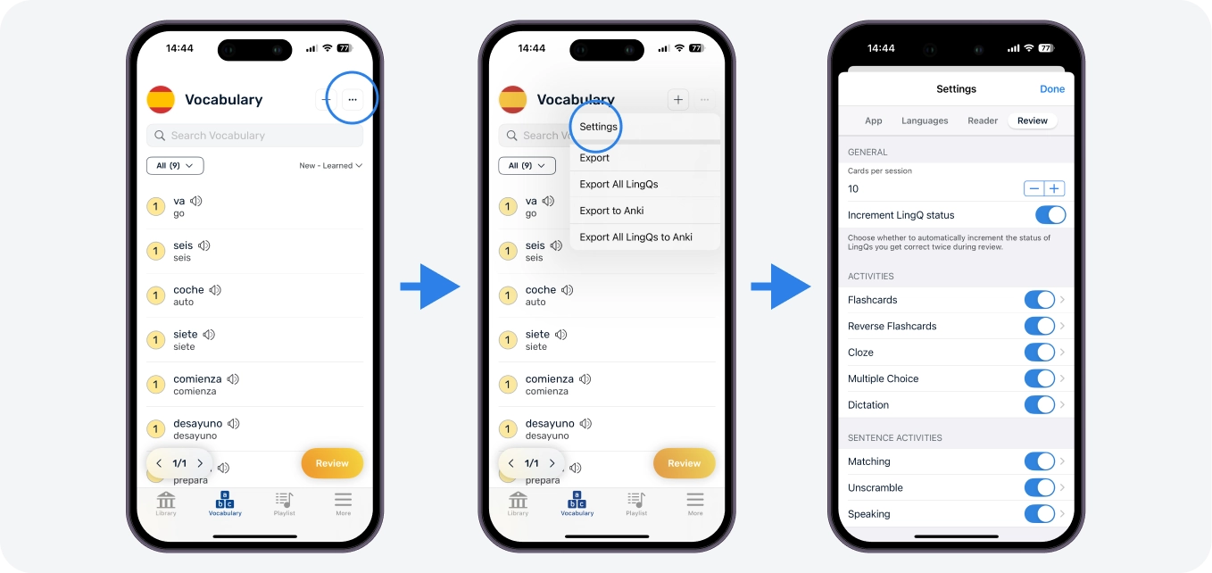 Adjust the number of terms in a session and the information and activity types in the Activity settings. Get words correct twice in a session and they move up in status automatically. Otherwise, you can manage word status manually any time.