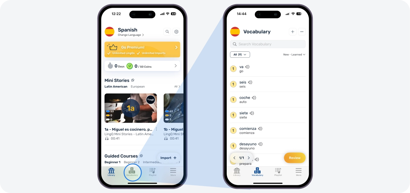 To see all your LingQs, go to the Vocabulary tab in the bottom navigation. Toggle between All LingQs,  Phrase LingQs, terms Due for SRS Review. Our SRS algorithm tells you when terms are ready for review.