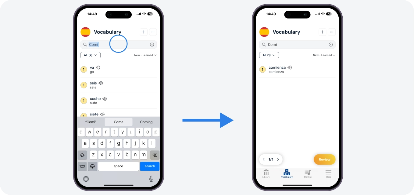 Search for specific terms, filter, and adjust status. Click the button to Review the selected list of LingQs.